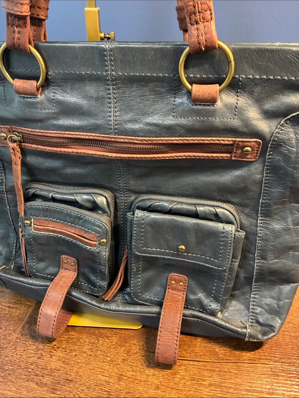 Sakroots Two-Tone Leather Bag in Slate Blue and Cognac